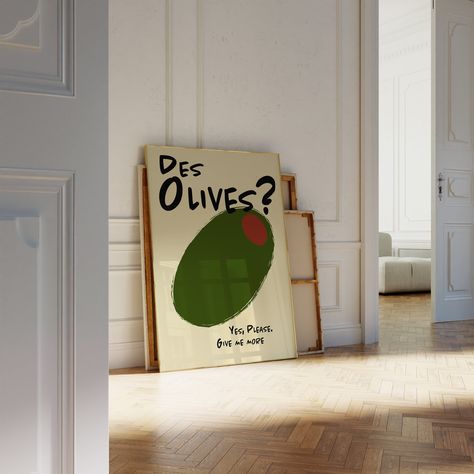 "Spice up your walls with our Des Olives French Poster - making olives the unexpected heroes of your decor. Warning: may induce olive cravings and a sudden urge to host impromptu olive-tasting events! Retro Food Poster,  Vintage Kitchen Art Print, Apartment Decor, Kitchen Wallart 🌼Hand-drawn and designed by Shea Craft Studio🌼 Welcome to our world of digital art prints, where we draw inspiration from the cozy comforts of interiors, the wanderlust of travel, the joy of food and drink, and the warmth of social connections. These prints are a reflection of the moments that make life delightful. Copyright © Shea Craft Studio. All Rights Reserved. Upon purchase, you'll gain instant access to download your digital art print. You have the flexibility to print it at your preferred size or opt for Olive Artwork, Retro Food Poster, Vintage Kitchen Art, Decor For Apartments, Olive Print, Olive Art, Aesthetic Kitchen Decor, Gift Aesthetic, Retro Food