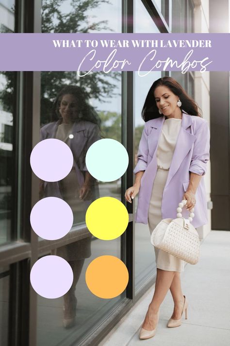 woman in lavender blazer with cream dress and accessories What To Wear With Lavender, Lavender Blazer Outfit, Color Of 2023, Lavender Blazer, Travel Blog Design, Purple Blazer, Blazer Outfits For Women, Blazer Outfit, Timeless Classic Style