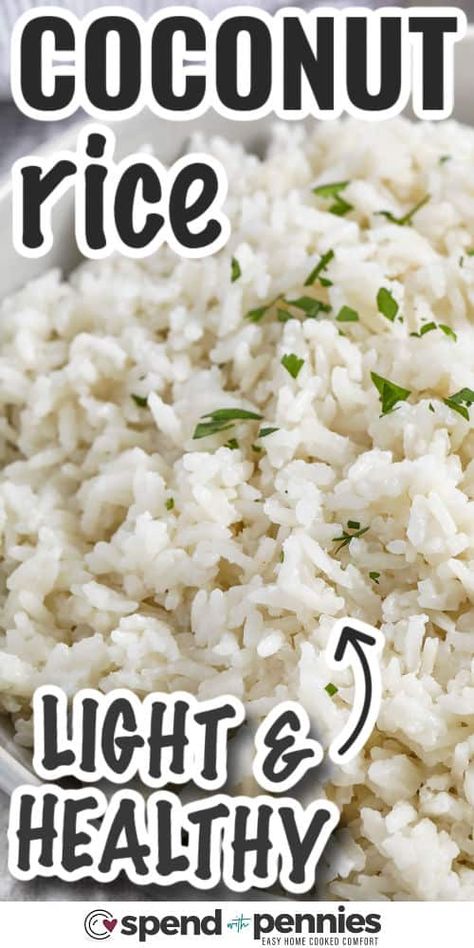 Delight in the creamy taste of this delicious coconut rice. This recipe turns plain rice into a tasty side with creamy coconut milk, a hint of sweetness, and a touch of salt. It's fluffy and tender, pairing perfectly with any meal. This isn't your everyday rice; it's a flavorful favorite that beats any basic dish. Enhance your dining with this simple yet exotic Thai-inspired rice. #spendwithpennies Easy Rice Dishes Simple, Basic Rice Recipe, Calrose Rice Recipes, Cocunut Rice, Sweet Rice Recipe Easy, Lemon Butter Rice, Asian Rice Recipes, Coconut Milk Rice Recipe, Thai Rice Recipes