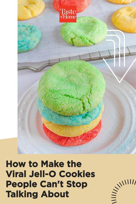 These bright sugar cookies are made with one special ingredient: a box of Jell-O! Hello Cookies, Jello Cookies Recipe, Jello Cookies, Colorful Cookies, Viral Recipes, Keylime Pie Recipe, Sugar Cookie Dough, Delicious Cookie Recipes, Jell O