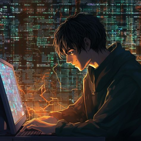 A detailed shot of an anime character engrossed in coding, their eyes reflected on the glowing computer screen filled with lines of code. They're holding a digital magnifying glass, peering into the intricate web of codes, exploring its depths. The scene is filled with the tense atmosphere of a detective story Anime Programmer Wallpaper, Anime Programmer, Coding Wallpaper, Coding Aesthetic, Anime Computer, Online Money Making, Detective Story, Hacking Computer, Cool Wallpapers Art