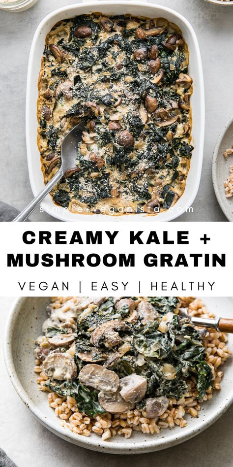 Kale Mushroom Gratin is one of my favorite creamy comfort food dishes. Delicious side filled with kale, mushrooms, vegan cream and topped with an Almond Parmesan! #mushroom #kale #healthyrecipes #veganrecipes #plantbased Vegan Creamed Kale, Chickpea Pasta With Mushrooms And Kale, Kale Mushrooms Recipes, Good Kale Recipes, Kale Recipes Vegetarian, Vegan Recipes With Kale, Plant Based Kale Recipes, Mushroom Kale Recipes, Kale And Mushroom Recipes