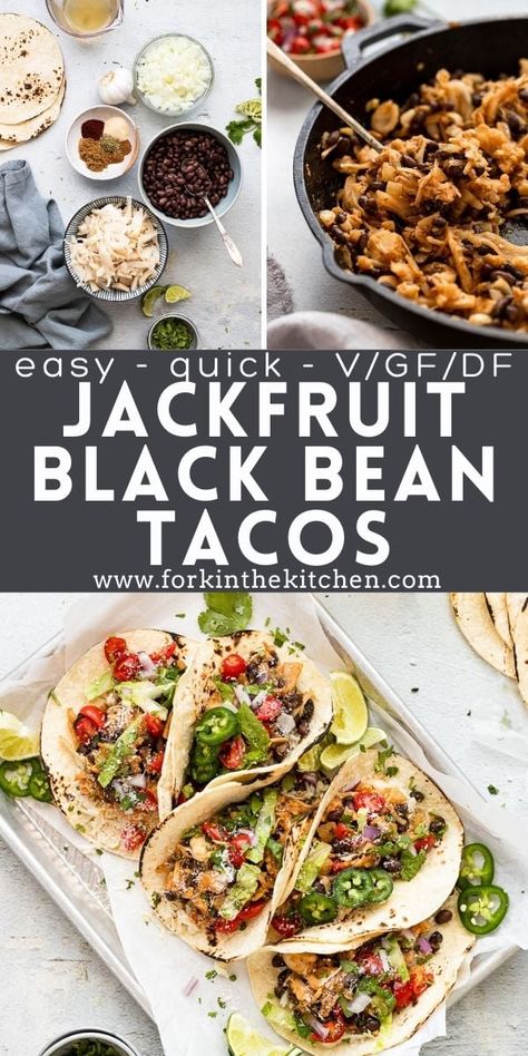 Tasty vegan tacos in 15 minutes? Sign me up! Using canned jackfruit for vegan taco meat, these plant-based jackfruit tacos come together fast—in just 15 minutes. The shredded jackfruit filling combines black beans, warm spices, and fresh lime juice before being tucked into a warm corn tortilla. Top with your favorite fixings! Taco night has never been easier! Jack Fruit Tacos Recipes, Jackfruit Taco Meat, Jack Fruit Tacos Vegan, Jackfruit Tacos Recipes, Canned Jackfruit Recipes, Jack Fruit Tacos, Flexitarian Meals, Fruit Taco, Vegan Taco Meat