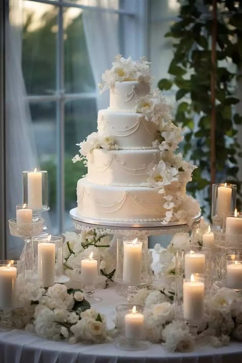 Wedding Cake Table Ideas: Elegant Displays to Sweeten Your Special Day - OMG Hitched Wedding Decorations Table Elegant, Hailey Bieber Wedding Cake, His And Hers Wedding Cake, Cake Table Set Up Wedding, Timeless Wedding Cake Ideas, Wedding Ideas Elegant Romantic Simple, Wedding Cakes With Flowers Elegant, Elaborate Wedding Cakes, Elegant Themed Wedding