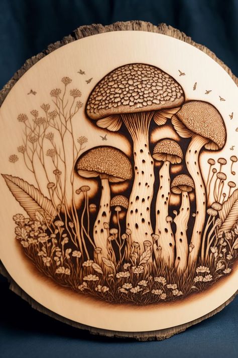 a wood slice with a mushroom wood burned on it. Electric Wood Carving Tools, Beginner Wood Burning, Wood Burning Tips, Pyrography Designs, Wood Burning Patterns Stencil, Wood Burning Techniques, Wood Burn Designs, Wood Burning Tool, Woodburning Projects