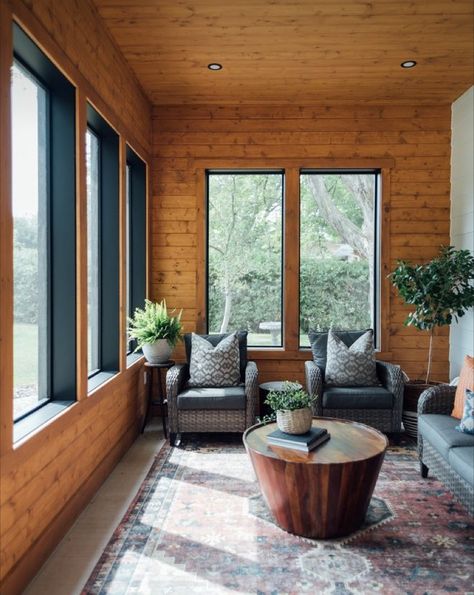 Sunroom Wood Paneling, Wood Sunroom Ideas, Wood Cabin Ceiling, Pine Cabin Interior Wood Walls, Knotty Pine Sunroom, Sunroom Wood Ceiling, Cedar Sunroom Ideas, Natural Pine Walls, Pine Siding Interior Walls