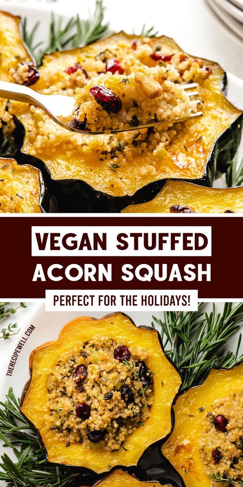 Vegan Stuffed Acorn Squash is a beautiful plant-based addition to your Thanksgiving or holiday meal. Made with perfectly roasted squash and a flavourful herbed quinoa stuffing, your guests will love this dish!