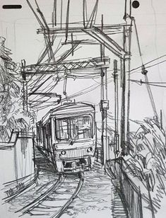 Easy Pen Sketches, Full Page Doodle, Pencil Line Art, Places Drawing, Scenery Sketch, Drawing Place, Building Sketches, City Drawings, Train Sketch