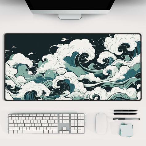 Aesthetic Cloud Desk Mat | Sage Green and Blue Design, Japanese-Inspired Cloud Mousepad, Artistic Stylish Desk Pad, Office or Gaming Decor by techflower on Etsy Mousepad Design Ideas, Sage Green Desk, Cloud Desk, Sage Green And Blue, Aesthetic Japanese, Green Desk, Stylish Desk, Gaming Decor, Pc Setup