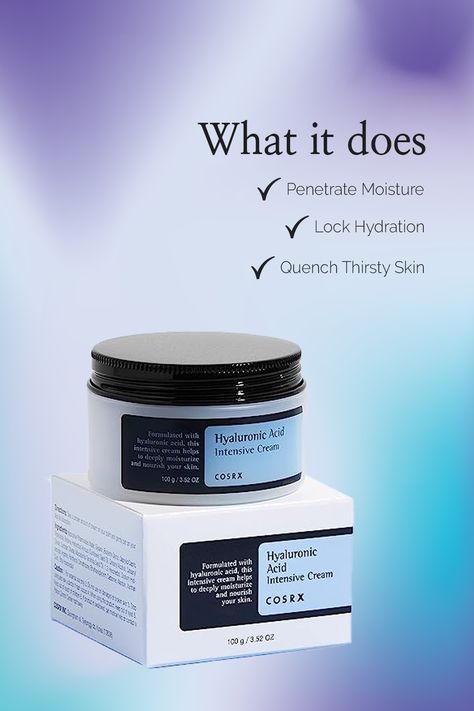 Hydrate & Glow with COSRX Hyaluronic Acid Cream! 💧✨ Experience intense moisturization with hyaluronic acid. Plump, smooth, and non-greasy formula for all skin types. Embrace the ultimate hydration today! #Skincare #HyaluronicAcid #GlowingSkin #COSRXEssence Cosrx Hyaluronic Acid Intensive Cream, Cosrx Hyaluronic Acid, Cosrx Hyaluronic, Skin Quotes, Hyaluronic Acid Cream, Beauty Skin Quotes, Hyaluronic Acid Moisturizer, Moisturizer For Sensitive Skin, Korean Skin Care