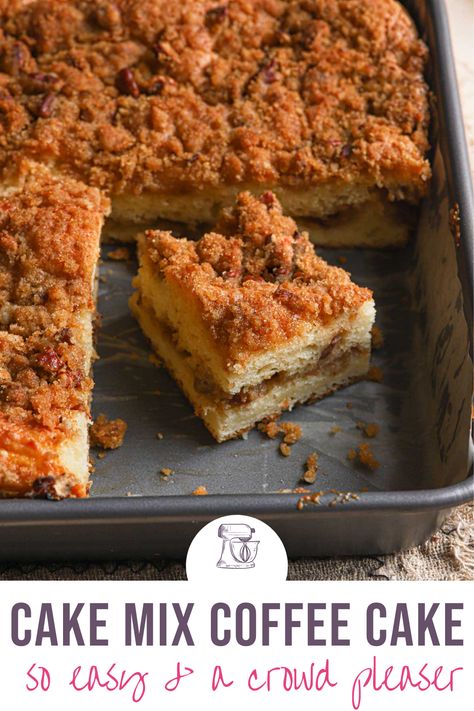 This cake mix coffee cake is light and moist with a delicious cinnamon pecan filling. The perfect companion to a cup of hot coffee! Cake Mix Coffee Cake, Cake Brown, Pecan Filling, Brown Eyed Baker, Coffee Cake Recipes Easy, Cake Mixes, Breakfast Sweets, Vegetarian Cake, Mix Recipes