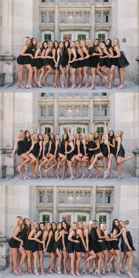 Big Group Photos Posing Ideas Friends, Group Class Photos, Group Photoshoot Ideas Friendship, Large Group Photoshoot Ideas, Black Dress Group Photoshoot, Large Group Homecoming Pictures, Big Group Picture Poses, Poses For Big Groups, Girls Group Photoshot Style