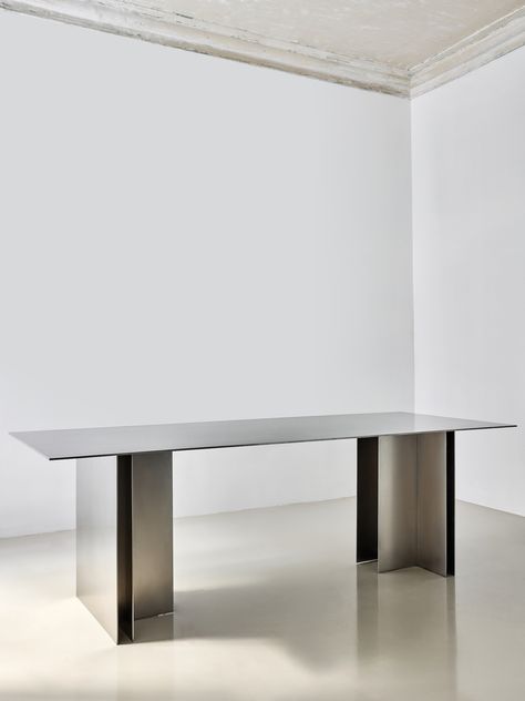 Metal Dining Table Modern, Architectural Dining Table, Brushed Metal Dining Table, Metallic Dining Table, Dinning Table Size, Stainless Dining Table, Dining Table Design Minimalist, Industrial Table Design, Cool Dining Tables