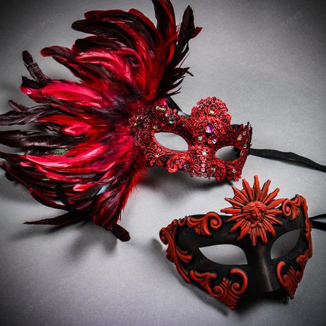 Red Roman Greek Emperor & Side Feather Lace Couple Masquerade Masks Red Masquerade Mask Men, Masquerade Party Outfit Couples, Mens Masquerade Party Outfit, Masquerade Ball Dresses And Masks, Masquerade Ball Outfit Women, Masquerade Ball Gowns Elegant With Mask, Vampire Masquerade Ball, Masquerade Outfit Ideas For Women, Ball Masks Masquerade