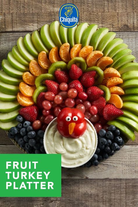 Looking for a fun and easy to make centrepiece for your Thanksgiving table? You’ll love our Fruit Turkey Platter. Made with Chiquita Bites® Sliced Juicy Green Apples and other fruit, this platter is really easy to assemble and particularly fun when you get your kids involved! Turkey Shaped Fruit Platter, Thanksgiving Fruit Skewers, Fruit Platter For Thanksgiving, Fruit Turkey Centerpiece, Turkey Fruit Display, Thanksgiving Fruit Ideas, Thanksgiving Fruit Tray, Turkey Fruit Tray, Thanksgiving Fruit Platter