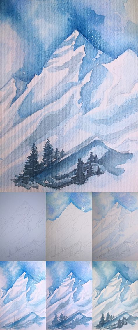 2 How to draw snow mountains Snow Mountain Drawing, How To Draw Snow, Drawing Snow, Mountains Drawing, Mountains Watercolor, Snow Painting, Drawing Stars, Snow Mountains, Mountain Drawing