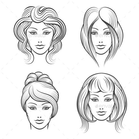 Hairstyles For Fashion Illustration, Hair Styles Illustration Drawings, Fashion Illustration Hairstyles Sketches, Hair Styles Sketch Fashion Illustrations, Hair Styles Illustration, Hairstyle Fashion Illustration, Model Outline, Portrait Hairstyles, Illustration Hairstyle