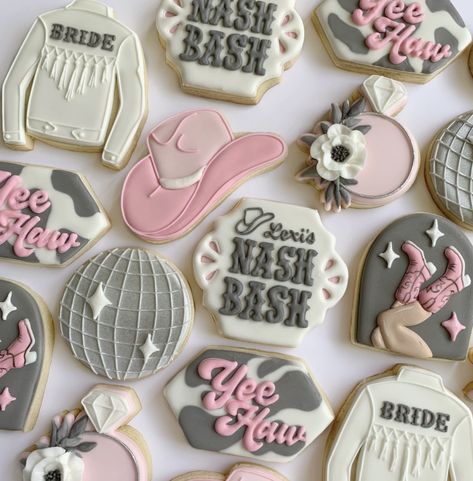 Cowboy Themed Bachelorette Party Outfits, Nashville Bachelorette Party Cookies, Shania Twain Cookies, Disco Cowgirl Party Cookies, Cowgirl Brunch Theme, Nashville Bachelorette Cookies Decorated, Disco Cowgirl Bachelorette Cake, Champagne Bridal Shower Cookies, Cowgirl Disco Cookies