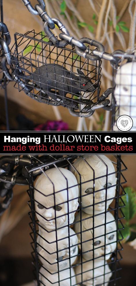 This year for Halloween try decorating your house with hanging Halloween cages. Using supplies bought from the kitchen section of the dollar store, you can create these great cages used to hang all kinds of scary Halloween decorations. Make these great baskets with your kids and have fun decorating for Halloween this year. #kids #halloween #decor #easy #painting #howto Scary Kitchen Haunted House, Dollar Store Halloween Decorations Outdoor, Scary Halloween Kitchen, Cute Scary Halloween Decorations, Halloween Cage Diy, Decorating House For Halloween, Monsters Halloween Decorations, Halloween Party Decor Diy Dollar Store, Dollar Store Halloween Decorations Diy Outdoor