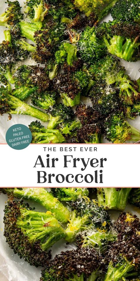 This air fryer broccoli is simply the best! Using a special but easy method to get the broccoli tender without being burnt, like so many other air fryer broccoli recipes, this side dish is just like a delicious oven-roasted broccoli but in a fraction of the time. Broccoli In Airfryer, Roasted Brocolli Air Fryer, How To Cook Fresh Broccoli In Air Fryer, Air Fry Fresh Broccoli Recipe, Broccoli Air Fyer, Airfry Brocoli, Crispy Air Fried Broccoli, Airfryer Broccoli Frozen, Baked Broccoli Air Fryer