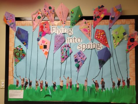 Prek Board Ideas, Seasonal Board Classroom, My World In Motion Bulletin Boards, Art Work Display Bulletin Board Preschool, Soaring Into Spring Bulletin Boards, Spring Wall Display Preschool, April And May Bulletin Board Ideas, Spring Time Bulletin Board Ideas Preschool, Eyfs Spring Display