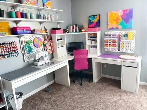 Modern Craft Room Setup Ideas l How to Organize Your Craft Supplies & Clean Up! l #HomeDecorbest and beautiful Craft Room Setup Ideas craft room organization... Computer And Craft Desk, Small Sublimation Craft Rooms, Multi Purpose Craft Room Ideas, Home Office/craft Room Setup, Sewing Room Bedroom Combo, Corner Craft Area, Sublimation Room Setup, Small Office Craft Room Combo, Craftrooms Ideas Work Spaces