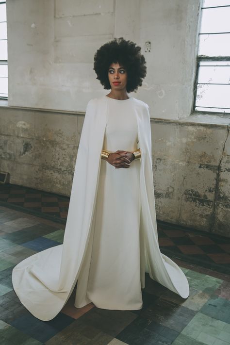 Solange Knowles wears Kenzo wedding dress in official wedding portrait by Rog Walker. Photo via Vogue. Solange Knowles Wedding, Solange Wedding, Celebrity Wedding Gowns, Unconventional Wedding Dress, Cape Wedding Dress, Celebrity Wedding Dresses, Iconic Weddings, Eleven Paris, Solange Knowles