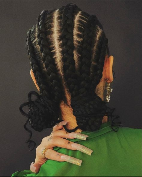 Straight Backs In A Bun, Stitch Braids Into Two Buns, Cornrows Black Woman, 2 Braids Curly Hair, Cornrows Braids For Black Women Bun, Braided Hairstyles Blonde Hair, Cornrow Buns, Four Stitch Braids, Braids In Bun