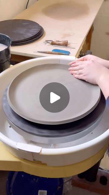 Cheri Downey | Ceramicist on Instagram: "Large Dinner Plate: Slab/Wheel Method ✨ Since I’m in the middle of a huge order, I thought I’d show you all the slab plate method again. It’s just so simple and fun!  Some questions I’ve been getting:   I get a lot of questions about drying to avoid warping. There isn’t really much to show you all. I usually will just add some weight if they start to warp around leather hard and that brings them back down. I’ve also noticed that the bottoms tend to flatten out in my glaze fire as long as the whole plate is fully on the kiln shelf.   At leather hard, I just smoothen the bottoms and I don’t trim or add a foot. I like the bottom to be flat.   This clay is Laguna #50, it will be speckled at the final result!   #ceramics #pottery #potteryasmr  #supportsm Ceramic Dinner Plates Handmade, Throwing A Plate On The Wheel, Throwing Plates On The Wheel, Pottery Plate Designs, Pottery Bowl Designs, Simple Pottery Ideas, Pottery Wheel Ideas, Plate Method, Plate Clay