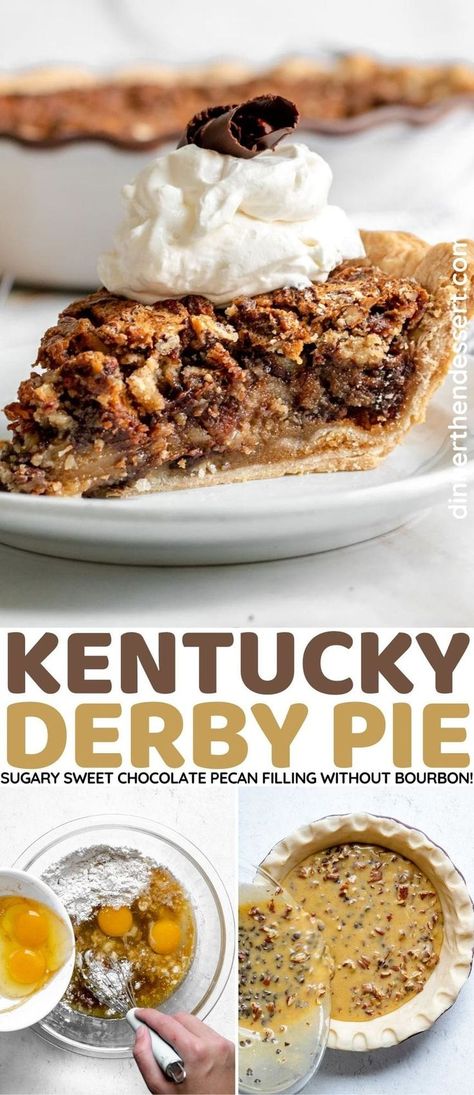 Kentucky Derby Pie is a rich and creamy pie made with sugar, butter, vanilla, chopped pecans and chocolate chips baked in a flaky pie crust. Kentucky Derby Chocolate Walnut Pie, Ky Derby Pie Recipe, Kerns Derby Pie Recipe, Kentucky Pie Recipe, Kentucky Pecan Pie Recipe, Derby Pie Bars Recipe, Kentucky Derby Pie With Bourbon, Dixie Pie Recipe, Derby Pie With Bourbon