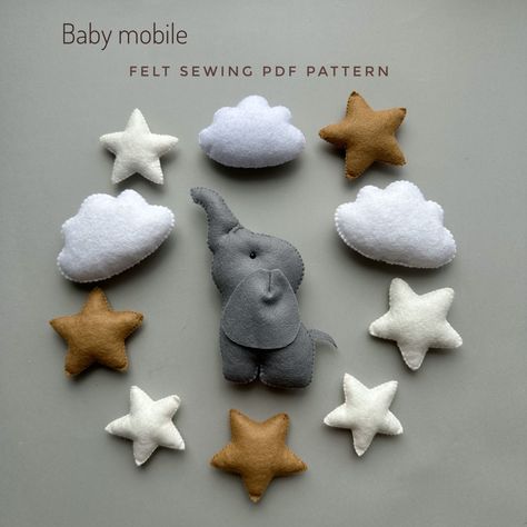 Felt Elephant Patterns Free Printables, Felt Elephant Pattern, Elephant Baby Mobile, Sew Felt, Stars Baby Mobile, Baby Mobile Felt, Diy Baby Mobile, Felt Sewing, Nursery Quilt