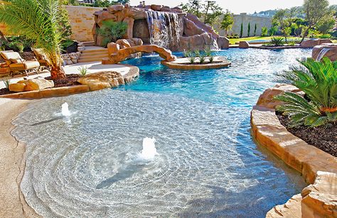 Pool Ideas Beach Entry, Home Beach Pool, Beach At Home Pool, Pool With Sand Beach, Beach Entrance Pool Designs, Beach Type Pool, Pool That Looks Like A Beach, Amazing Backyard Pools, Beach Style Pool Backyards