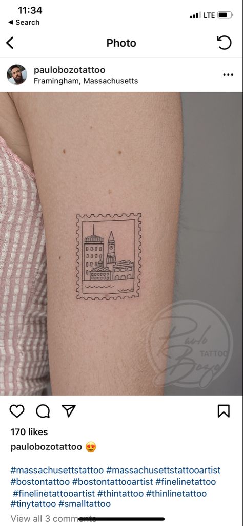 Boston Stamp Tattoo, Boston Inspired Tattoo, Stamp Tattoo Location, London Post Stamp Tattoo, Boston Tattoo Ideas Small, Fine Line Frame Tattoo, Amsterdam Stamp Tattoo, Tattoos To Get In London, Amsterdam House Tattoo