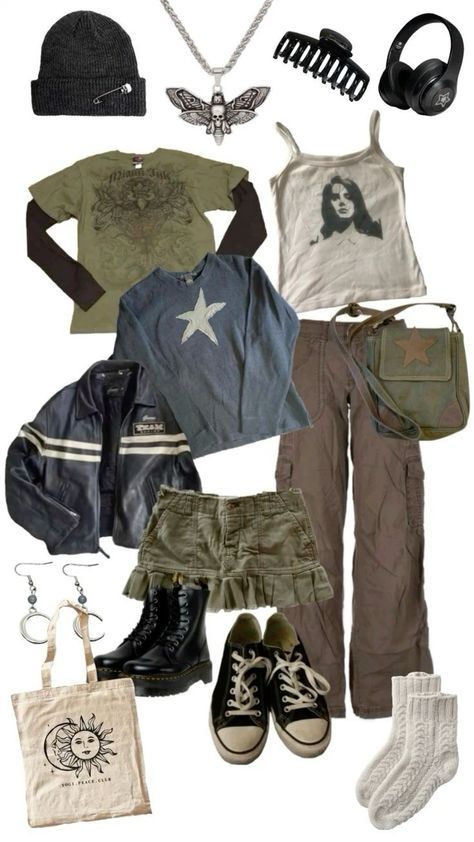 Pop Grunge Outfit, Nerdy Grunge Outfits, Soft Grunge Fashion Aesthetic, Grunge Apocalypse Outfit, Forest Clothes Aesthetic, Earth Grunge Aesthetic, Cottage Grunge Outfits, Midwest Emo Clothes, Summer Outfit Grunge