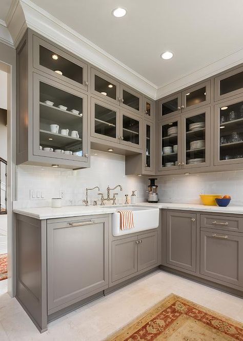 Cabinet color is River Reflections Benjamin Moore. Chelsea Construction                                                                                                                                                                                 More Taupe Kitchen Cabinets, Grey Painted Kitchen, Taupe Kitchen, Painted Kitchen Cabinets Colors, Cabinet Paint, Kabinet Dapur, Gray Cabinets, Kitchen Cabinets Decor, Farmhouse Kitchen Cabinets