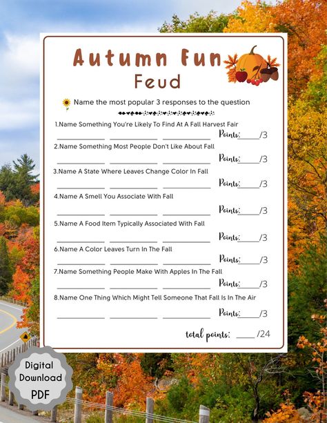 Autumn Fun Feud Game | Fall Fun Game | Fall Party Game | Printable Game Family | Zoom Party | Icebreaker | Instant Download l PDF by NaNaPrintables on Etsy Thanksgiving Jeopardy, Kids Friendsgiving, Football Activities, Autumn Games, Party Games Family, Thanksgiving Trivia, Fall Party Games, Friendsgiving Games, Fall Festival Games