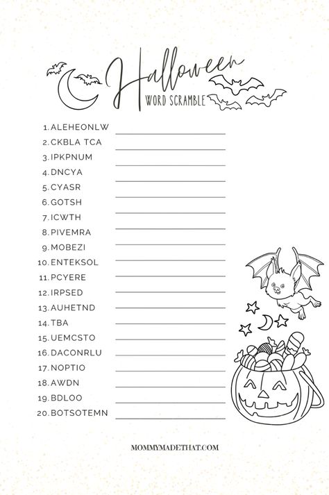 Need a Halloween activity that’s both fun and educational? This free printable Halloween word scramble is perfect for kids, whether at school or home. With an answer key included, it’s easy to check answers, and kids will love solving this spooky challenge. Ideal for classroom activities or homeschool lessons, this Halloween worksheet is sure to be a hit. Download your free printable today! Free Halloween Learning Printables, Scramble Words Worksheet, Halloween Activity Sheets Free Printable, Word Scramble With Answers, Free Halloween Activities, Halloween Sunday School, Halloween Word Scramble, Halloween Worksheets Free, Halloween Worksheet