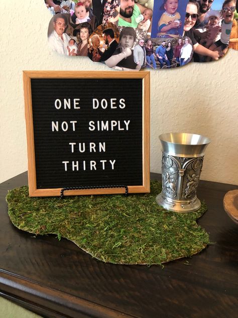 Nerdy Thirty Party, Lotr 30th Birthday, Lord Of The Rings 30th Birthday, Nerdy 30 Birthday Party, Lotr Party Games, Hobbit Themed Birthday Party, Hobbit Party Decor, Hobbit Party Games, Lotr Party Decorations