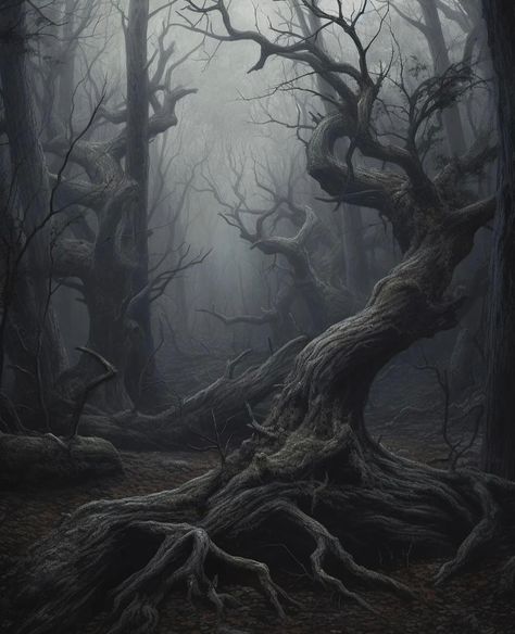 Forest Monster Concept Art, Haunted Forest Art, Dark Magical Forest Aesthetic, Tree Dark Aesthetic, Dark Places Aesthetic, Creepy Forest Background, Creepy Forest Aesthetic, Dark Forest Drawing, Decaying Forest