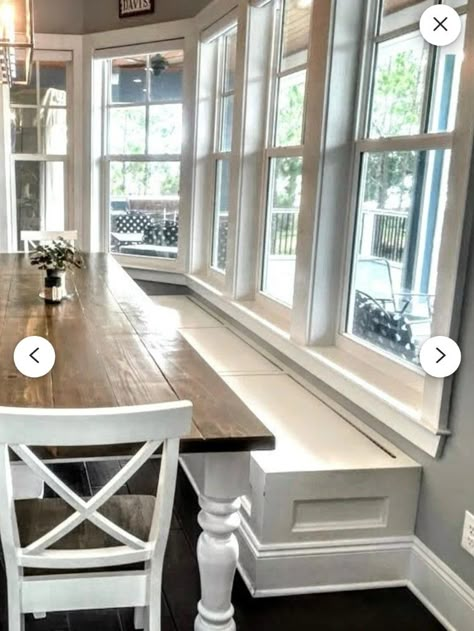 Kitchen Bench Window, Window Seats In Kitchen, Window Seat Dining Table, Sunroom Interior, Kitchen Bump Out, Bay Window Seating Kitchen, Built In Window Seat, Nook Bench, Seating In Kitchen