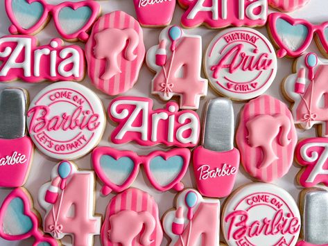 Come on Barbie let’s go party, it’s Aria’s 4th birthday! 💖💅🏼👛👠✨ . . . . #barbie #comeonbarbieletsgoparty #barbiebirthday #4thbirthday #barbiecookies #sugarcookies #cookies #customcookies #customsugarcookies Barbie Cutout Cookies, 3rd Birthday Barbie Party, 3rd Barbie Birthday Party, Come On Barbie Lets Go Party Birthday, Barbie Birthday Cookies Decorated, 4 Year Birthday Party Barbie, Barbie Party Cookies, Barbie Birthday Party 3 Year, Barbie Fourth Birthday Party