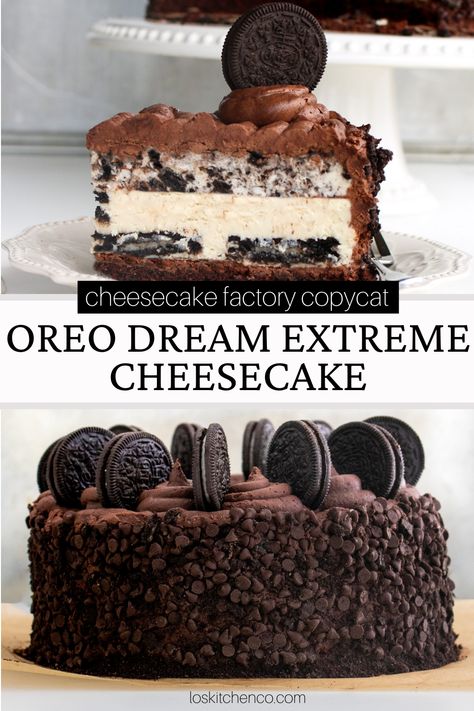 This Cheesecake Factory copycat recipe couldn’t be more identical to the real thing. It has a chocolate cake on the bottom, layered with a whipped chocolate ganache frosting, Oreo cheesecake (with full Oreos inside), Oreo cookies & cream mousse, and finished with a final layer of ganache frosting. This is THE dream Oreo cheesecake. The cheesecake recipe will be a showstopper at any event or occasion. Would be a great thanksgiving dessert to add to your pies. Oreo Dream Extreme Cheesecake, Ultimate Oreo Cheesecake, Oreo Cookie Cheesecake Recipe, S’mores Cheesecake, Oreo Cheesecake Pie, Copycat Cheesecake Factory Recipes, Fancy Cheesecake, Cheesecake Factory Oreo Cheesecake, Easy Oreo Cheesecake