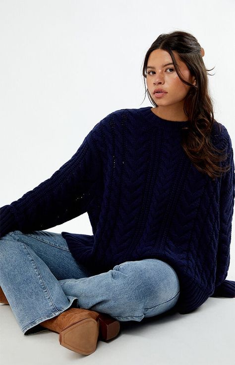 The Rory Cable Knit Sweater from LA Hearts offers cozy sophistication with its thick cable knit fabric. Featuring a crew neckline, long sleeves with dropped shoulders, and an oversized fit, this sweater provides both warmth and a stylish, relaxed look.Cable knit fabricLong sleevesDropped shouldersCrew necklineRibbed trimmingOversized fitOne size fits most100% cotton LA Hearts Womens Rory Cable Knit Sweater - Blue Collared Knit Sweater, Rory Cable Knit Sweater, Knitted Sweaters Blue, Sweater Cable Knit, Fall Winter Outfits Aesthetic, Sweater Set Skirt, Oversized Cable Knit Sweater Outfit, H&m Sweater, Cable Knit V-neck Sweater