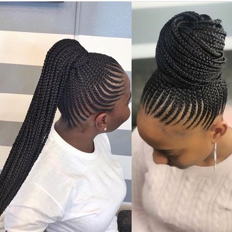 One style, two different ways of styling * * Follow @thehairkulture and @braided__  for more * * * * *  #protectivehairstyle #kinkychicks… Big Cornrows Hairstyles, Aleph Bet, Cornrow Ponytail, Pineapple Water, African Hair Braiding Styles, Braided Cornrow Hairstyles, Braided Ponytail Hairstyles, Baby Hairs, Hairstyles Updo