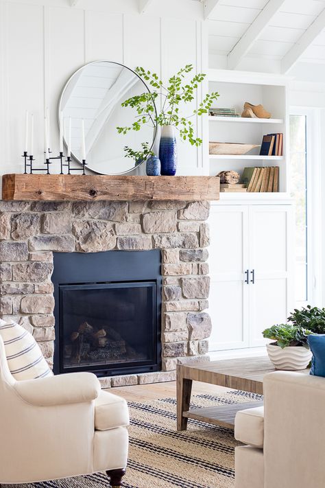 Pillows Fireplace, Navy Fireplace, Home Decor Fireplace, Beam Mantel, Casas Country, Lake House Living Room, Pillows White, Mantel Fireplace, Best Living Room Design