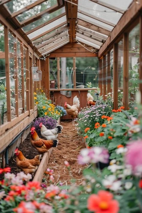 Creative Chicken Run Roof Ideas for Your Flock Pretty Chicken Run Ideas, Chicken Run Greenhouse, Permaculture Chicken Coop, Garden Chicken Run, Chicken Winter Coop, Chicken Coop And Greenhouse Combo, Decorate Chicken Coop, Decorated Chicken Coop, Chicken Run Decorating Ideas