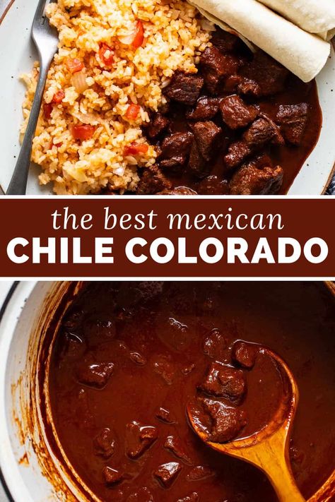 Chile Colorado made from tender pieces of beef in a rich and flavorful red chile sauce. Serve with Mexican rice and corn tortillas for a delicious authentic and traditional Mexican dish! Chile Colorado Recipe Beef, Easy Chili Colorado Recipe, Chili Colorado Recipe, Easy Mexican Dishes, Chili Colorado, Rice And Corn, Isabel Eats, Easy Mexican Recipes, Colorado Food