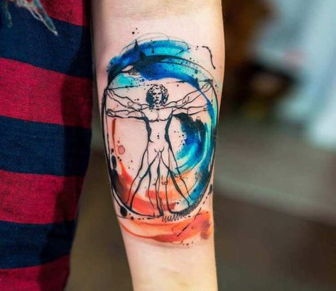 Mens Tattoos Chest, Vitruvian Man Tattoo, Watercolor Galaxy Tattoo, Watercolour Tattoo Men, Man Watercolor, Tattoos Chest, Mens Tattoos, Artsy Tattoos, Wolf Tattoo Sleeve