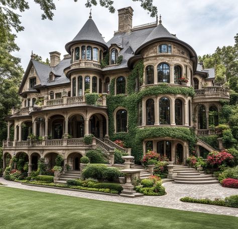 Pretty One Story House, House Aesthetics Exterior, Victorian Houses Aesthetic, Castle Cottage House, Victorian Homes Mansions, Victorian Style Homes Exterior, Victorian House Mansion, House That Looks Like A Castle, European Style Mansion