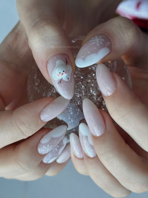 Cozy Winter Nails, Christmas Douyin Nails, Christmas Nails Korean, Korean Winter Nails, Korean Christmas Nails, Nail Design 2023, Snowman Nail, Snowman Nail Art, Elegant Touch Nails